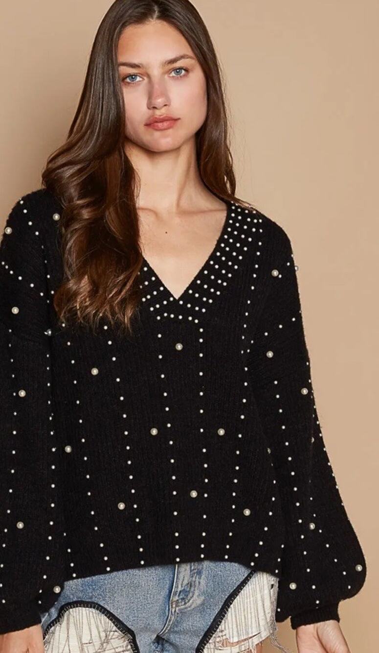POL Size Large Black Cozy Sweater With Pearl Bead Embellishments